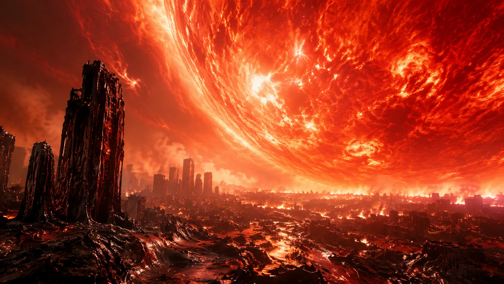 Earth horizon burning under a massive red giant sky