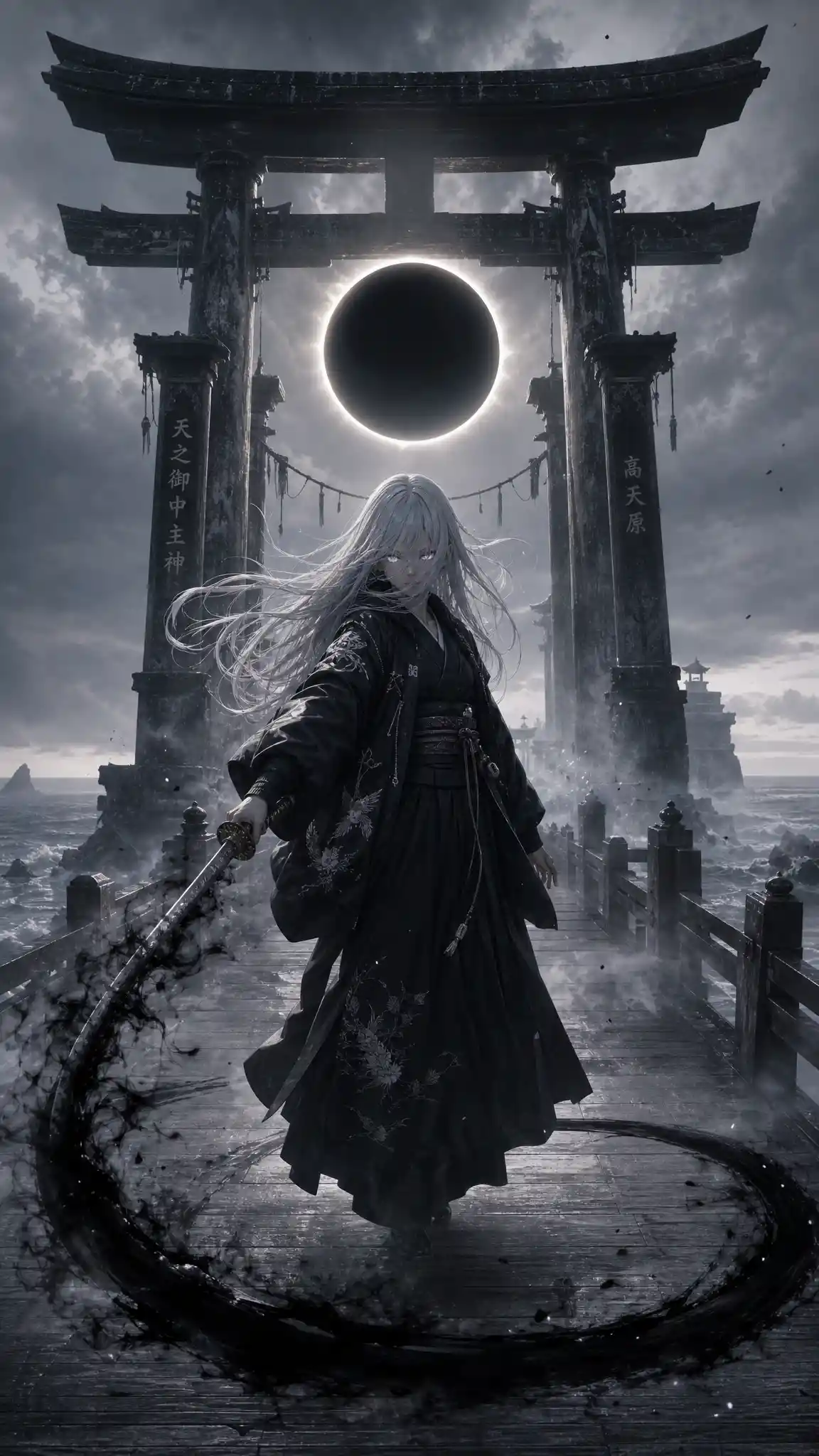Silver haired girl on bridge beneath a dark eclipse