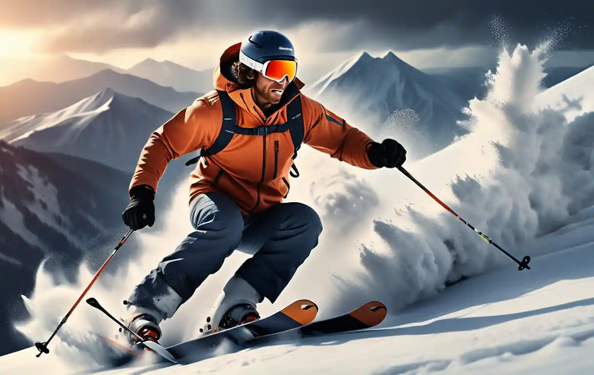 Athletic man skiing down a steep snowy mountain