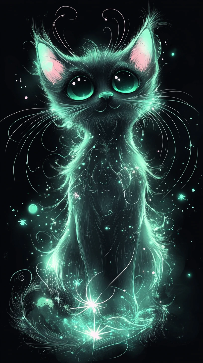 Glowing Gothic Kitten Silhouette In Dreamy Fantasy Aura