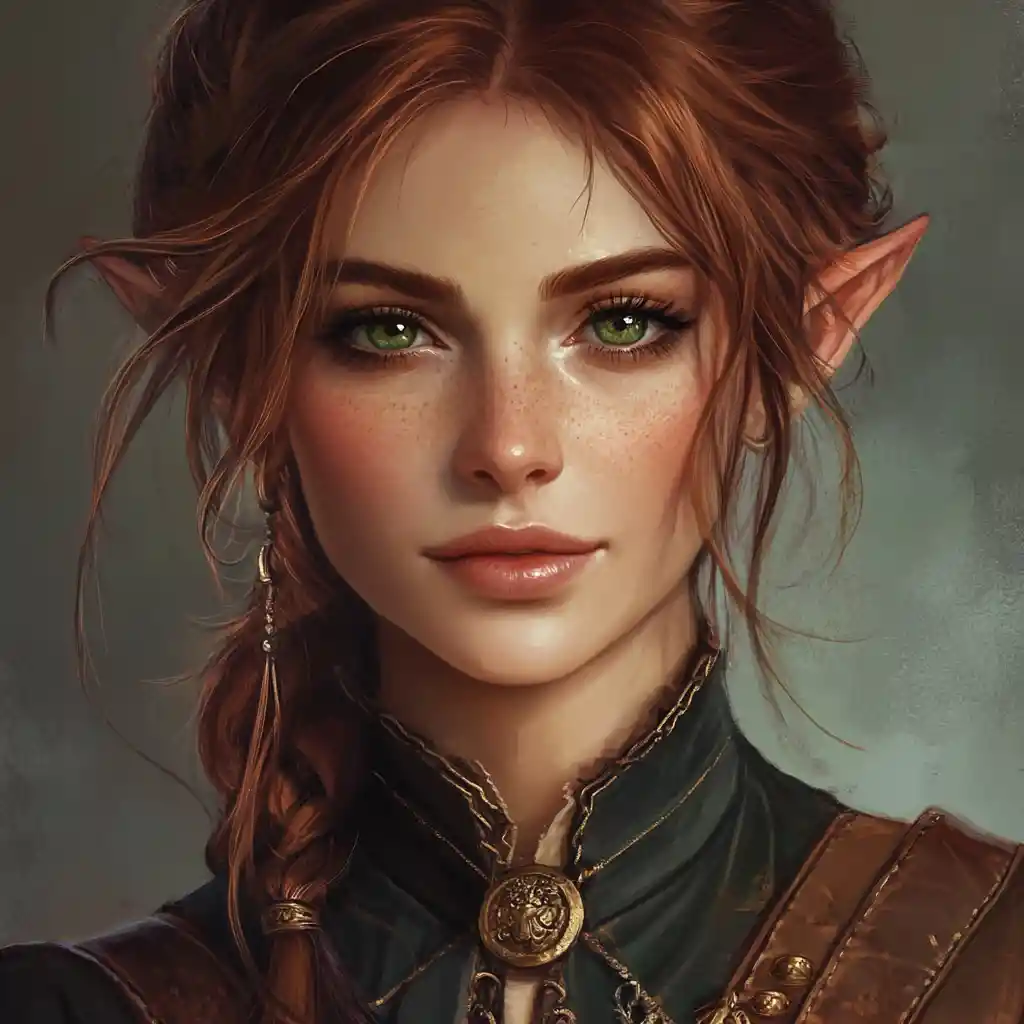 Elf alchemist woman with reddish brown hair and green eyes