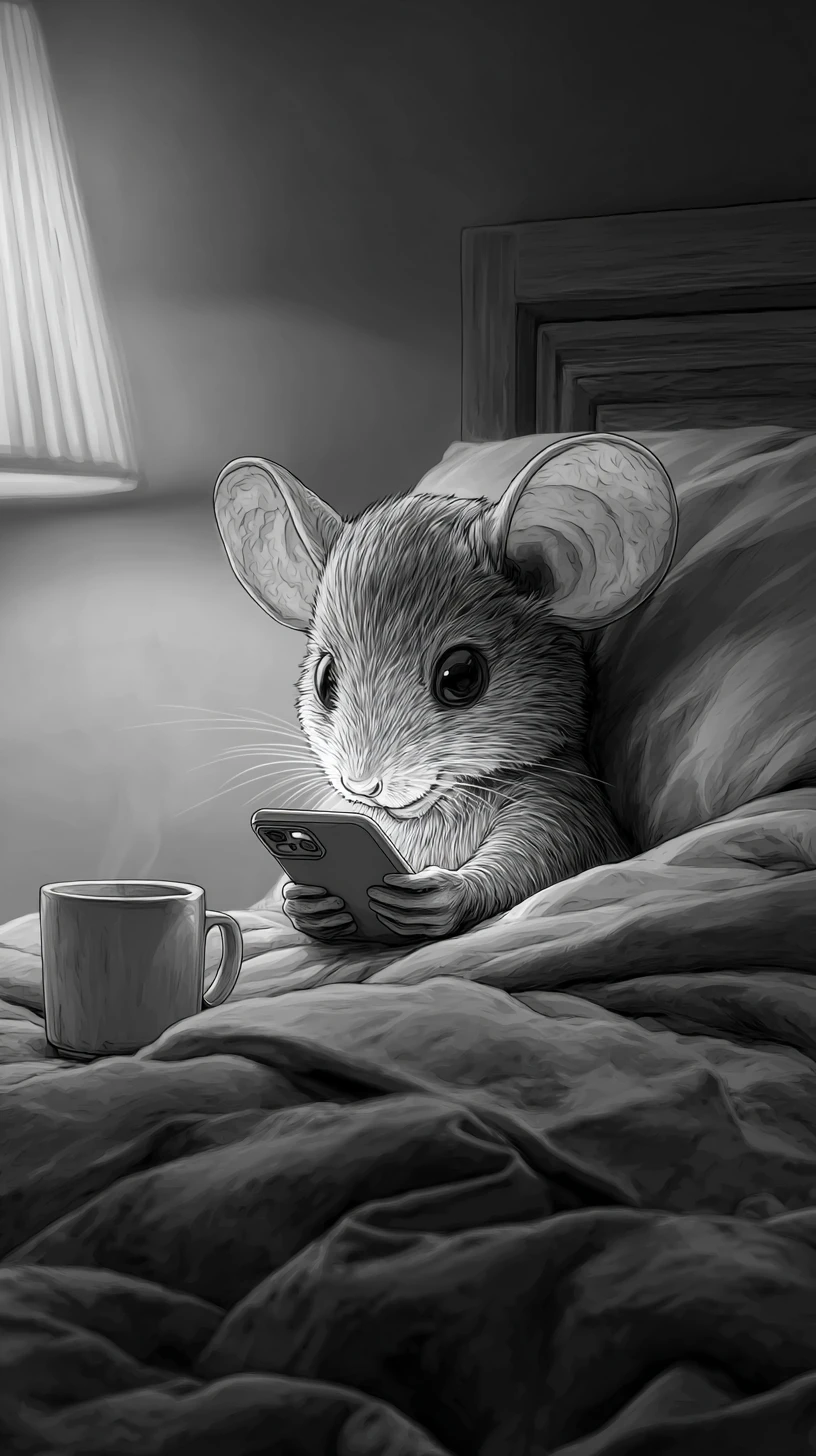 Cute realistic mouse using a phone in bed at night