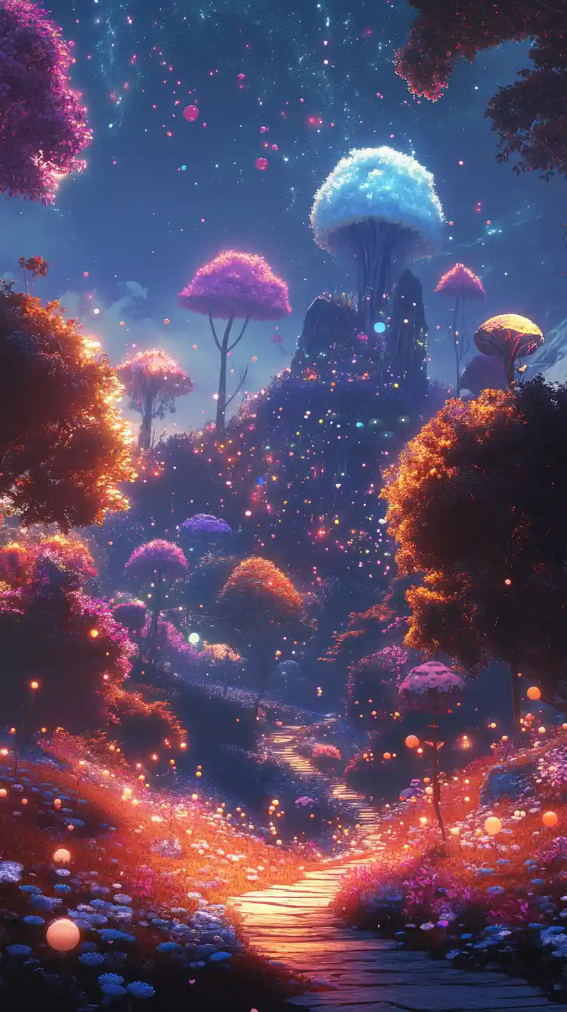 Cheerful surreal anime landscape with bright vibrant colors