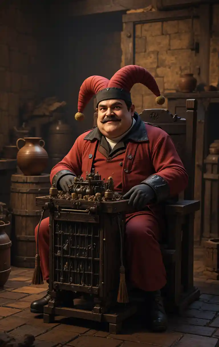 Stern man in red costume beside strange metal device