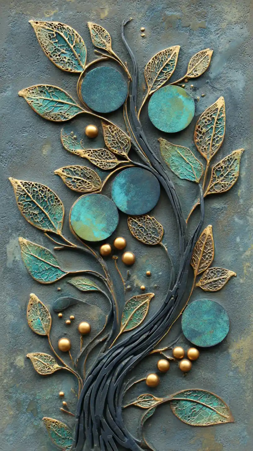 Surreal braided black tree relief with turquoise and gold medallions