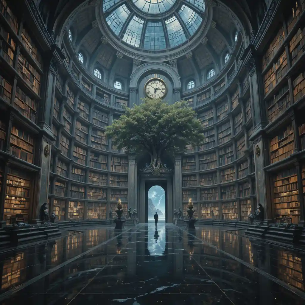 Surreal floating library palace above a silent night ocean