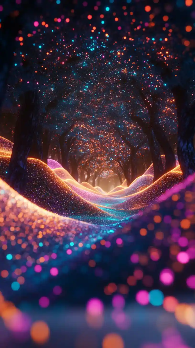 Surreal Bioluminescent Hills Leading Into A Dark Forest