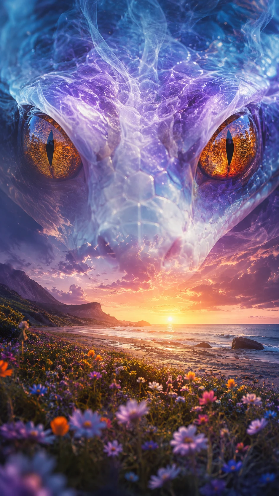 Close up of a ghostly serpent creature with glowing eyes