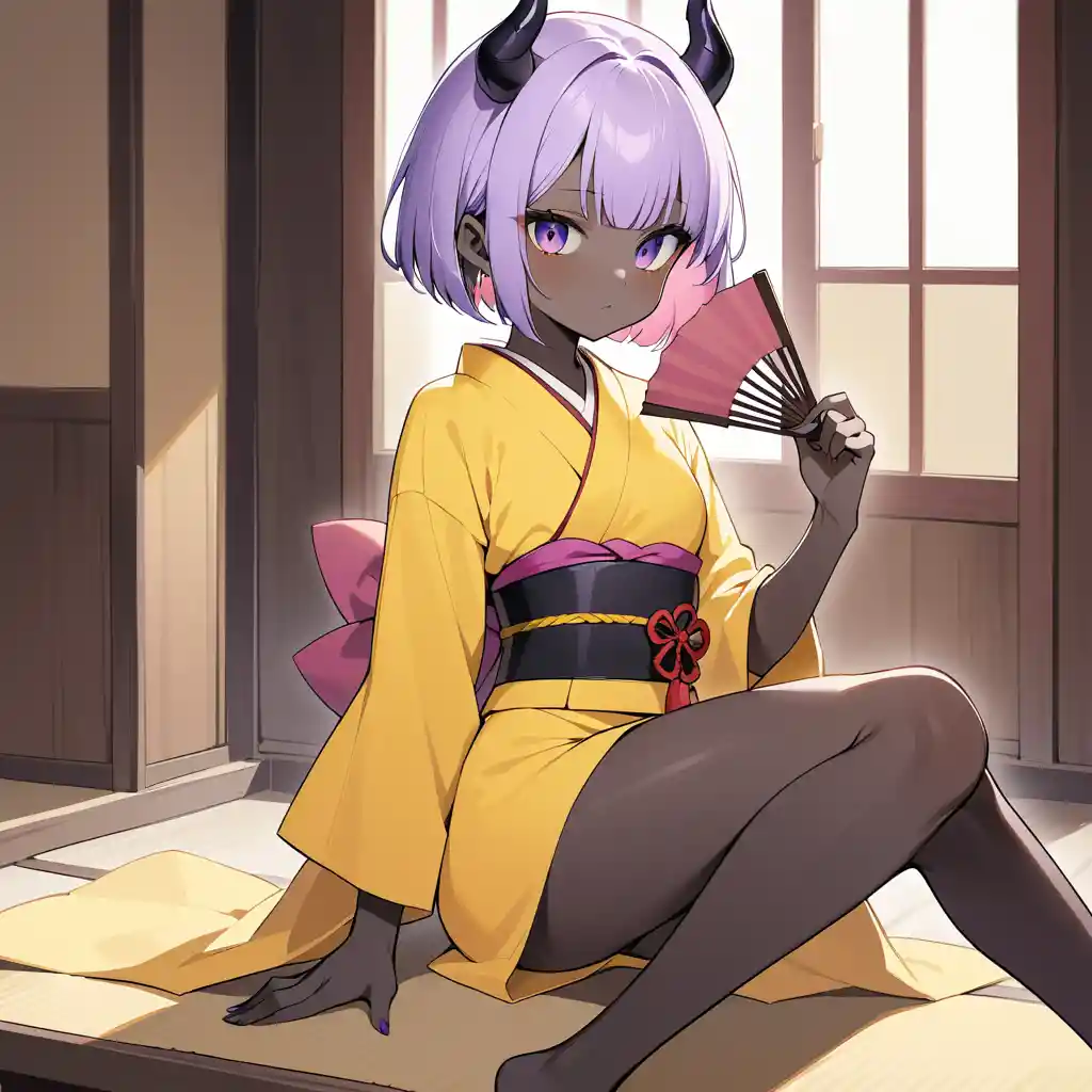 Horned anime girl in yellow kimono holding a fan