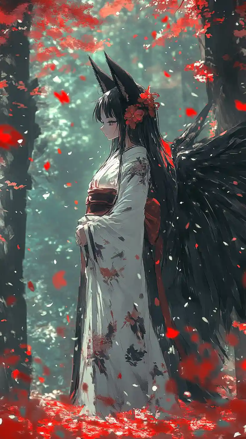 Anime fox girl in white kimono among cherry blossoms