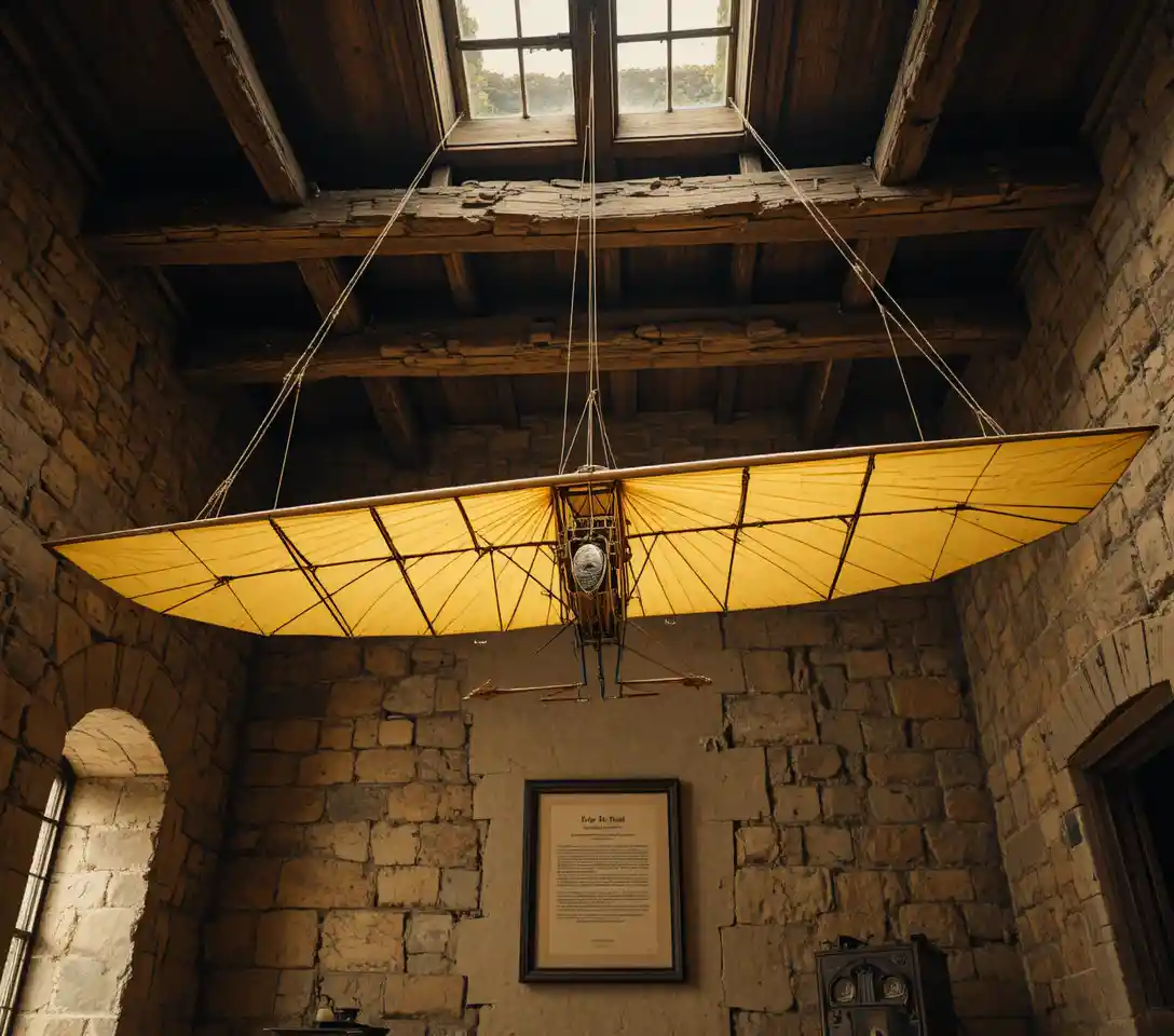 Storica macchina volante in legno sospesa in un interno museale rustico