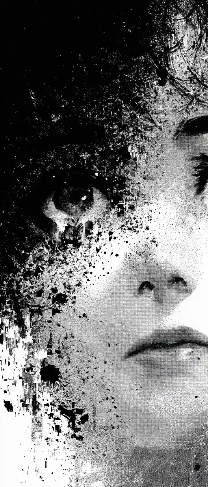 Crying anime girl face dissolving into dark ink static