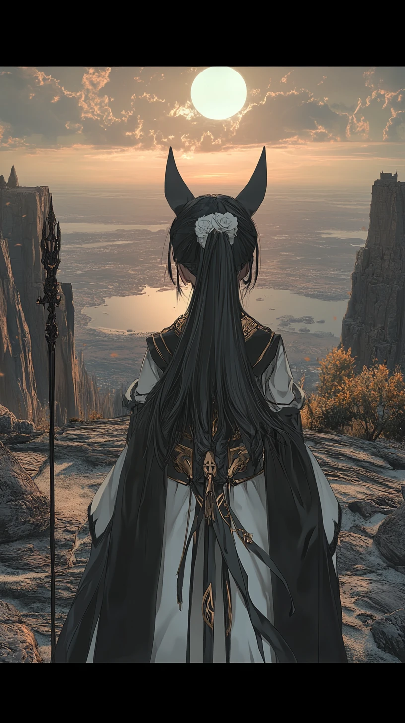 Anime girl in a stone circle at sunset by the sea