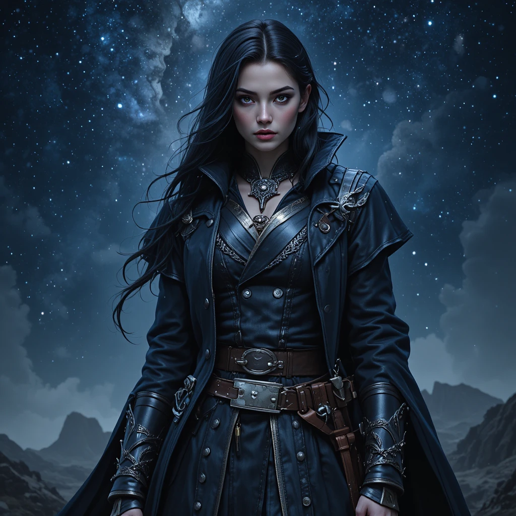 Fantasy astronomer woman under a starry night sky