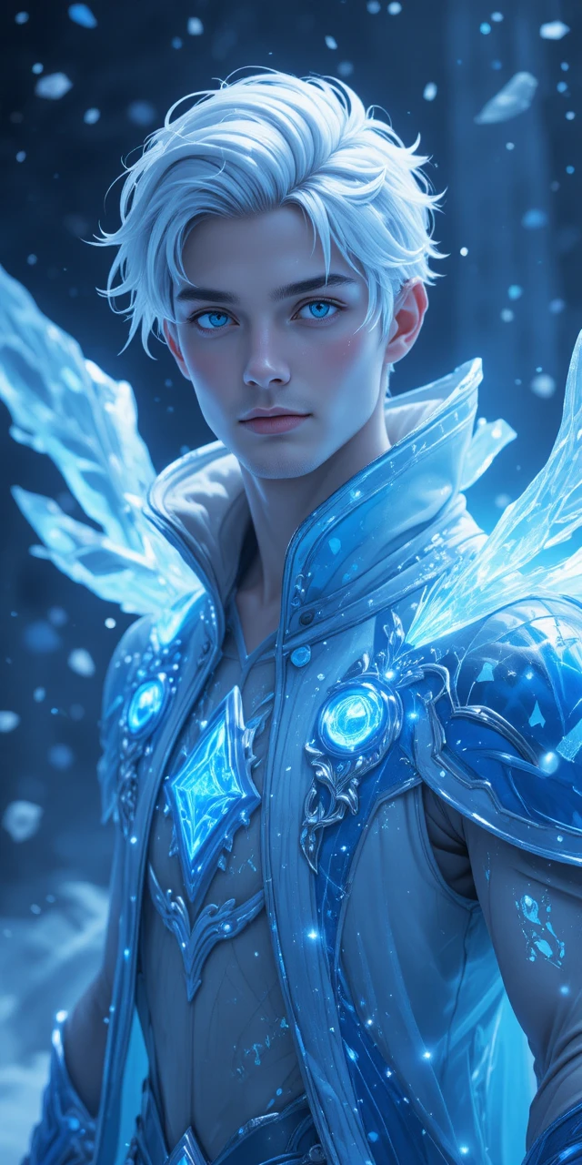 Ice phoenix prince with crystalline wings in anime style