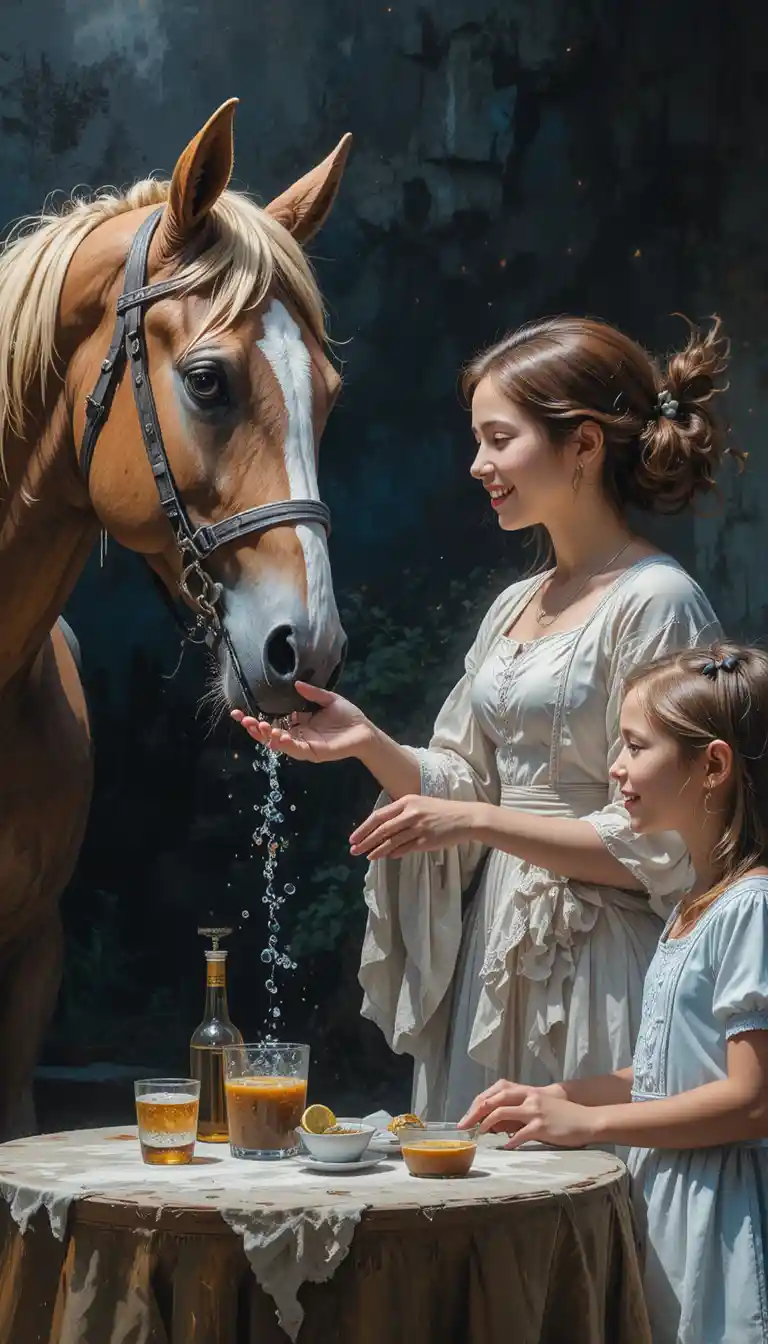 Girl offering water to a tired horse in warm golden light