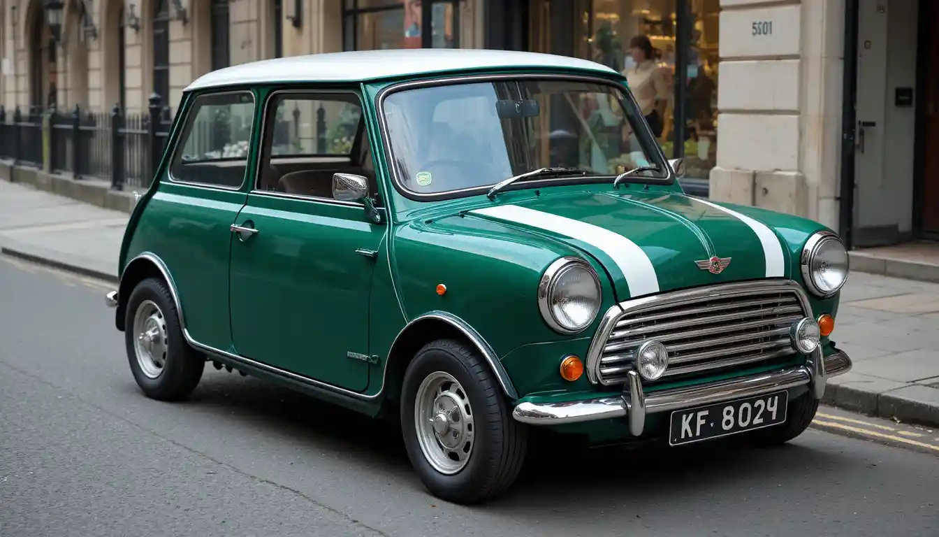 Classic green mini cooper on a London city street