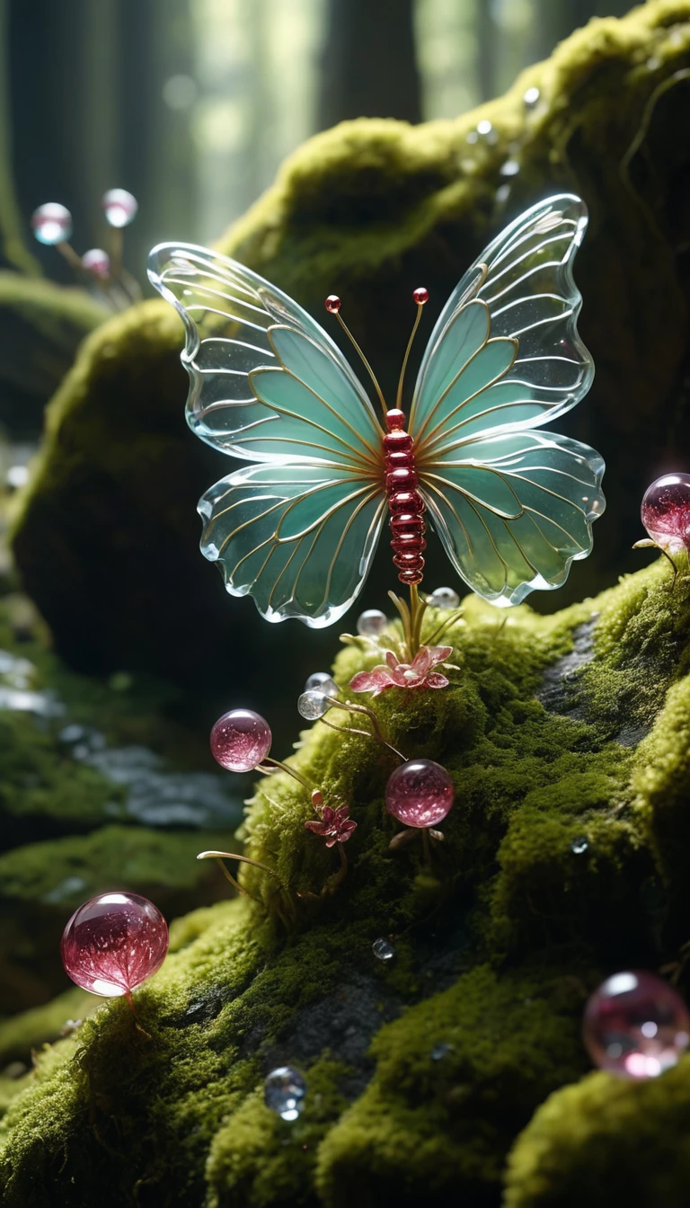 Crystal butterfly flower on mossy mountain cliff in sunlight