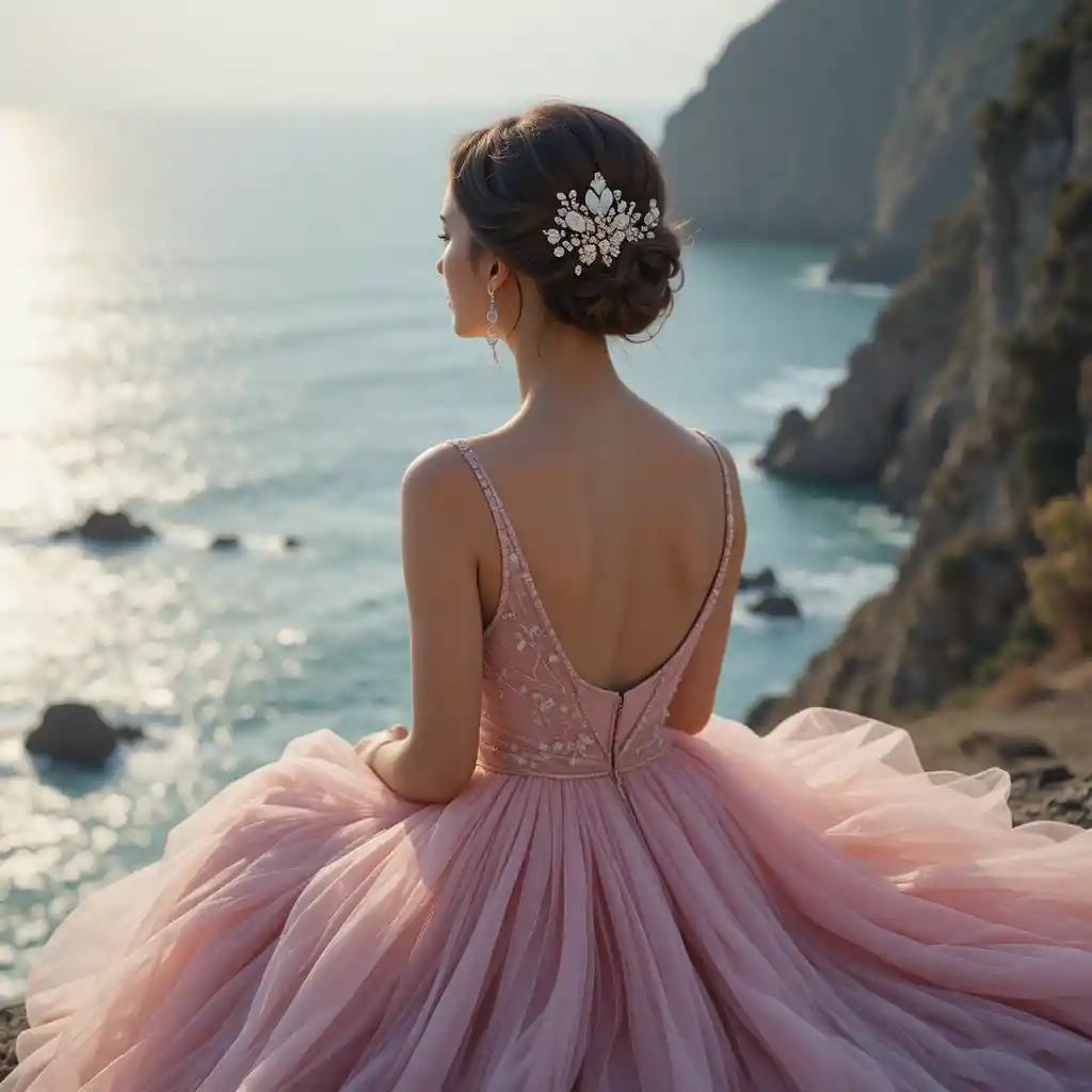 Woman in pink gown on cliff looking at the ocean