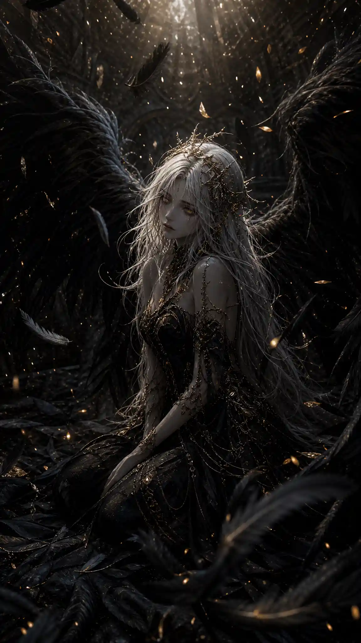 Dark celestial angel woman with vast black feathered wings