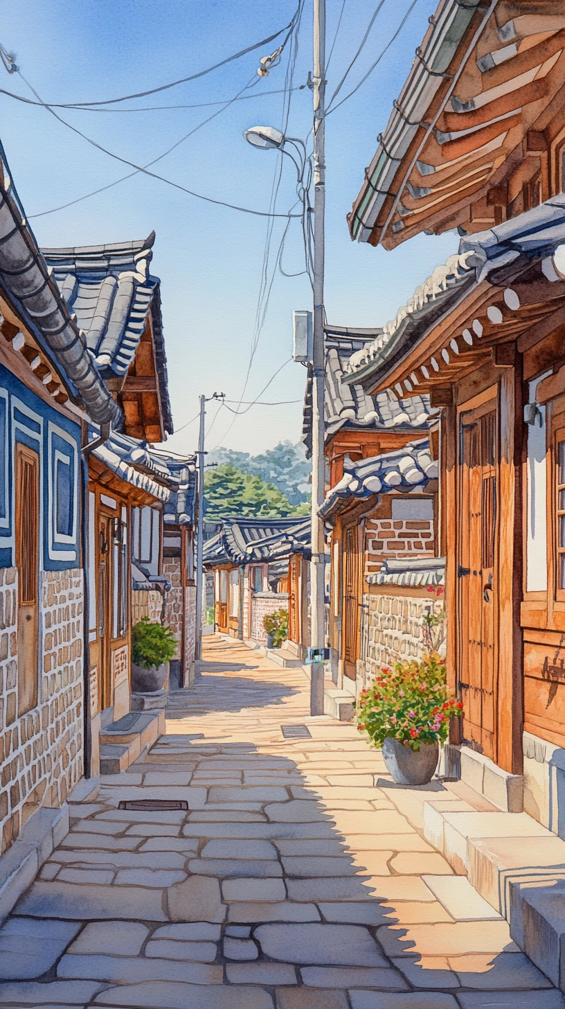 Watercolor sketch of a sunlit Korean hanok village alley