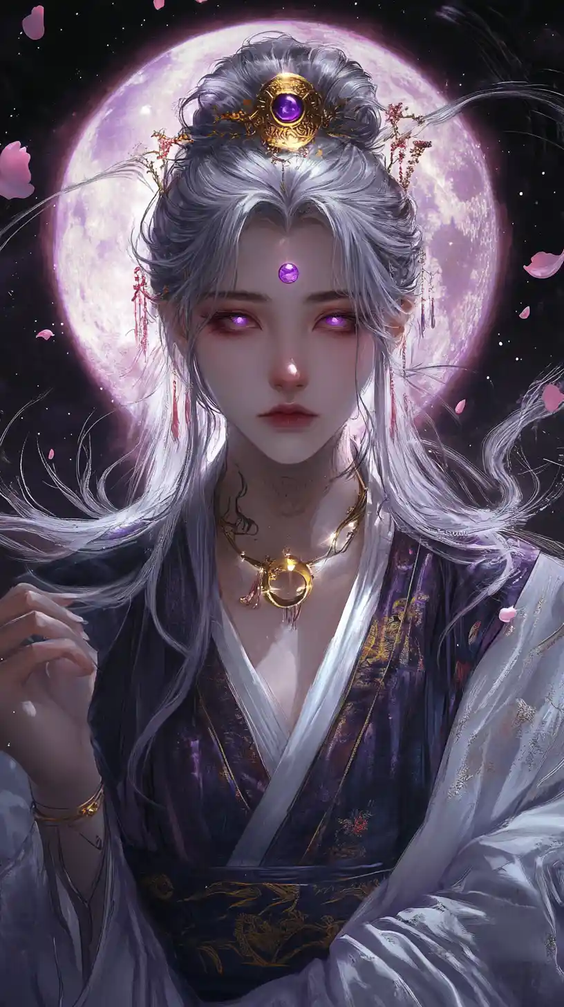 Ominous moon goddess with glowing violet magic