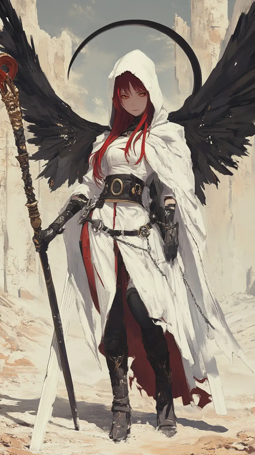 Battle scythe in ancient desert ruins with red runes