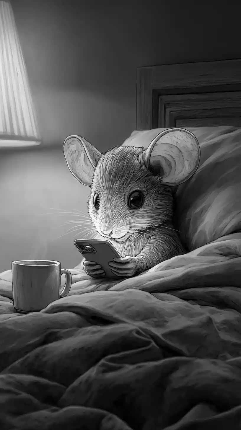 Cute realistic mouse using a phone in bed at night