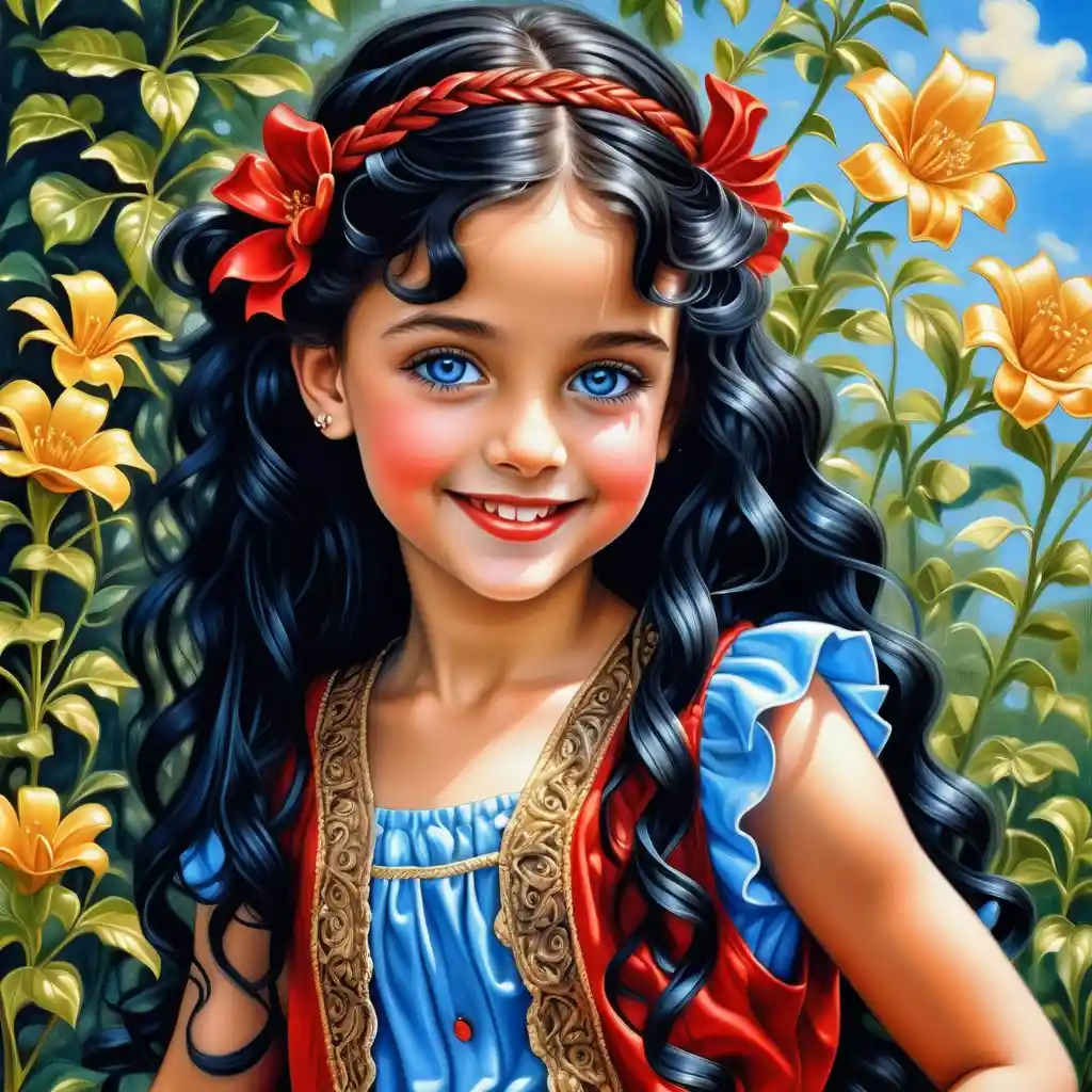Smiling girl with long black braids and blue eyes