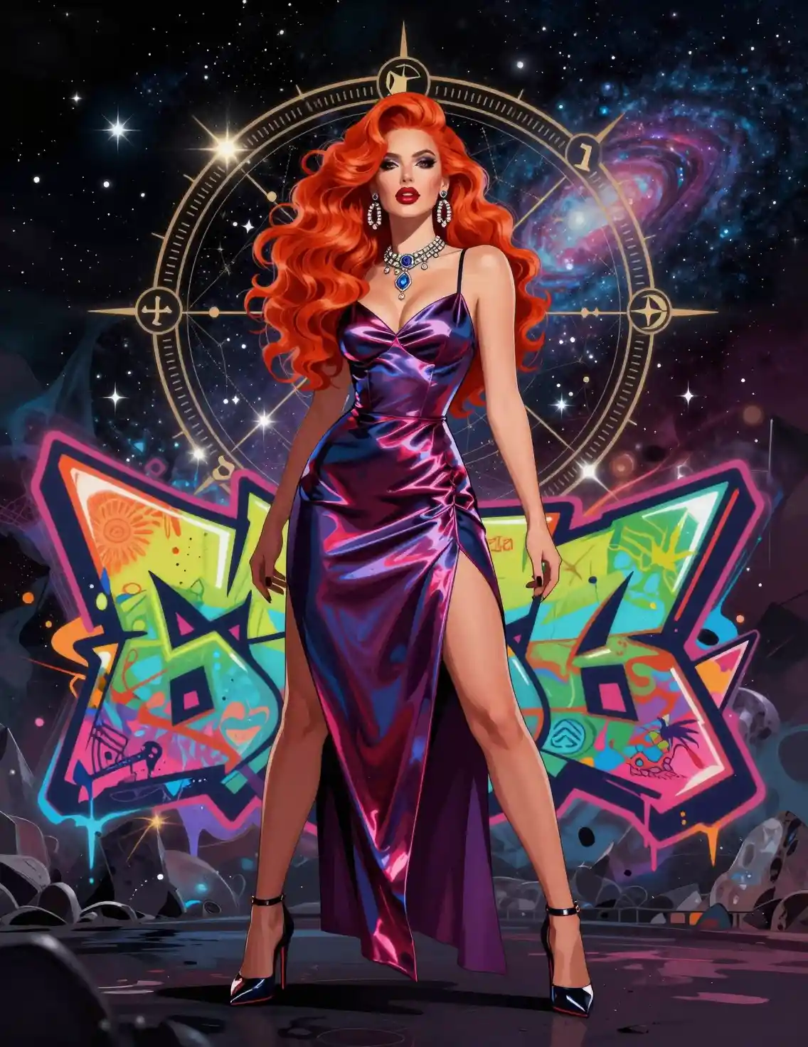 Redheaded woman in silk dress and stiletto heels