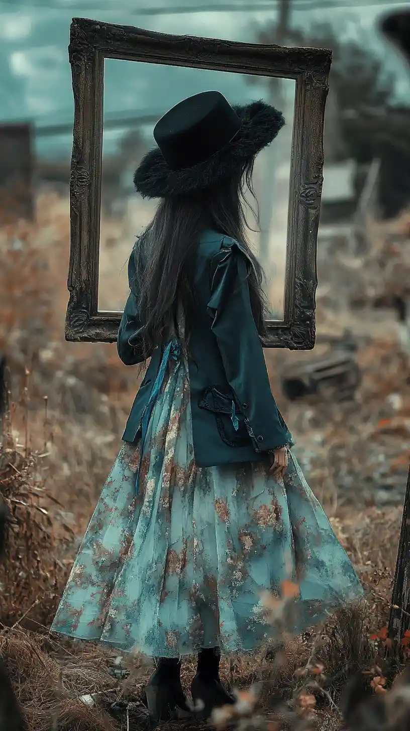 Anime girl in a crumbling fantasy world with distant frame