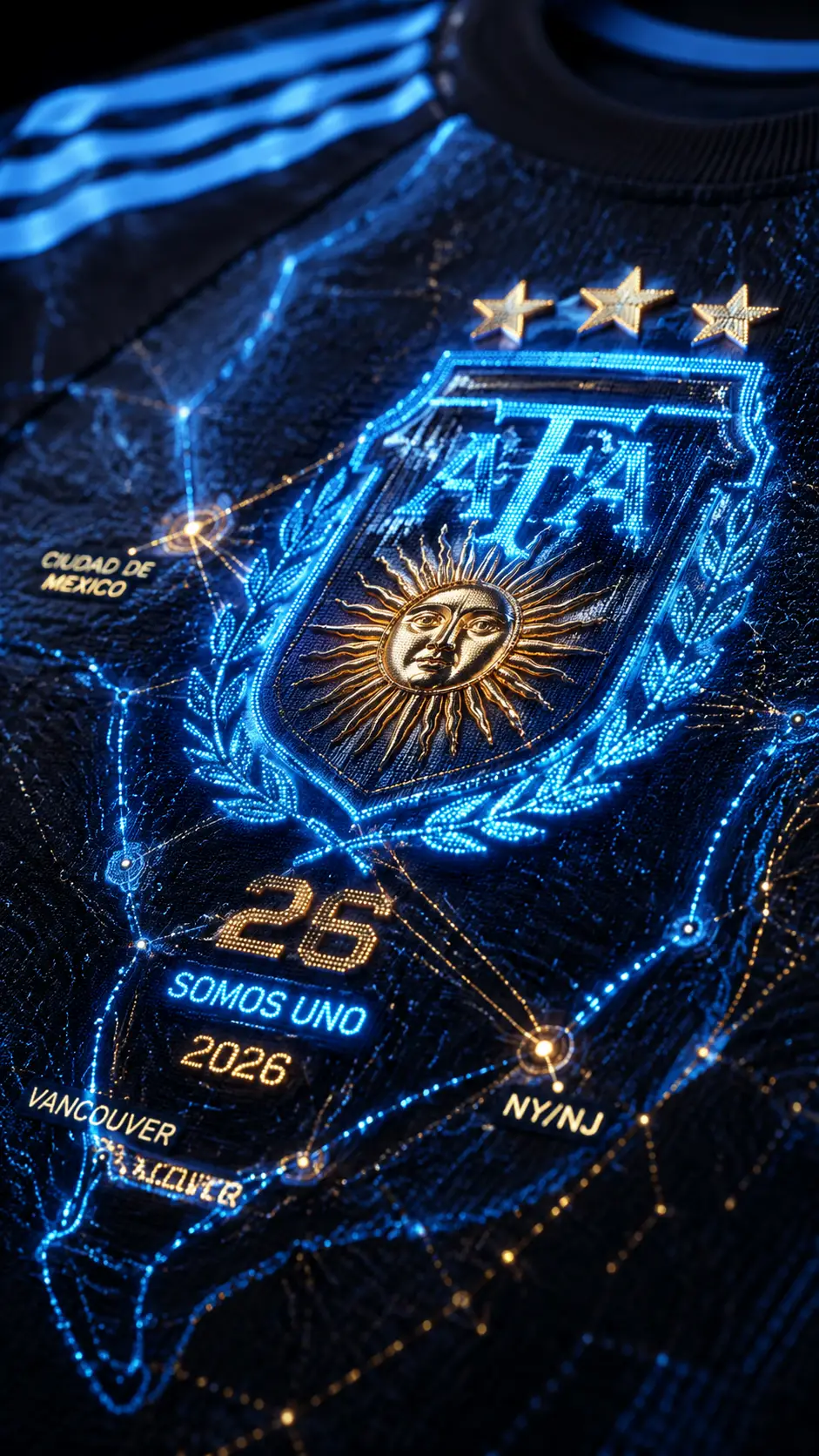 Macro view of glowing Argentina 2026 cyber jersey crest