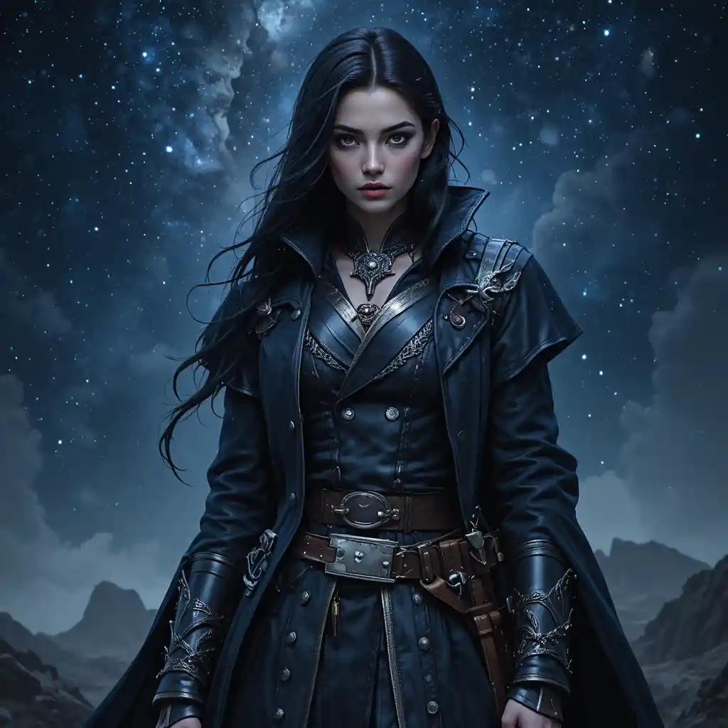Fantasy astronomer woman under a starry night sky