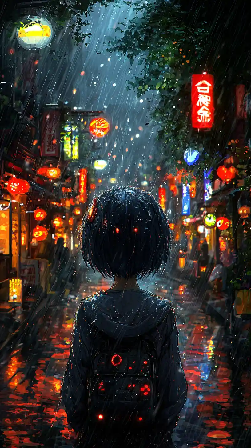 Anime girl standing on a rainy city street at night
