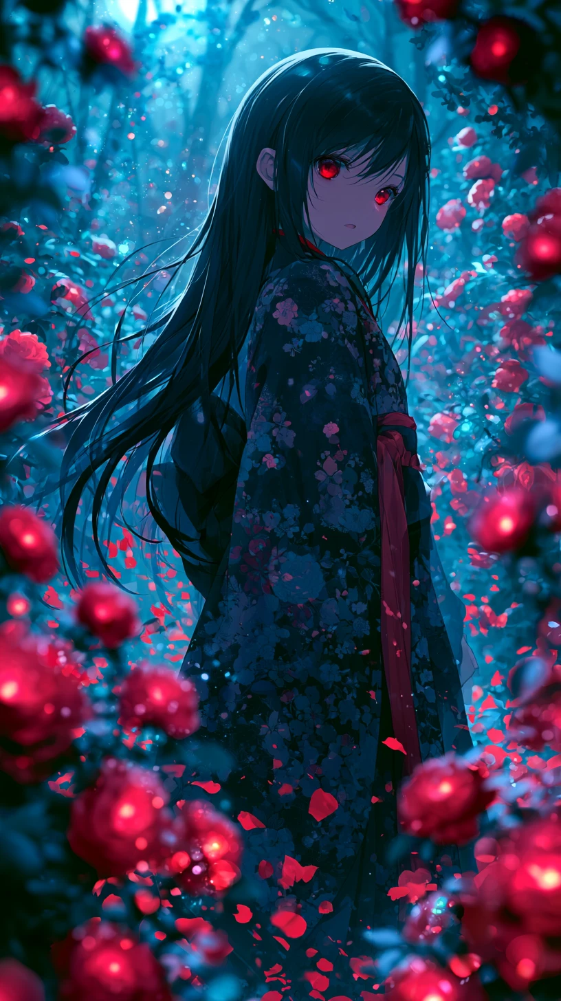Anime girl in kimono amid glowing roses at night
