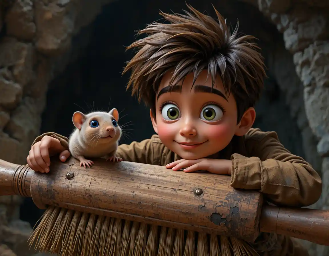 Curious boy meets small fluffy creature in a cave