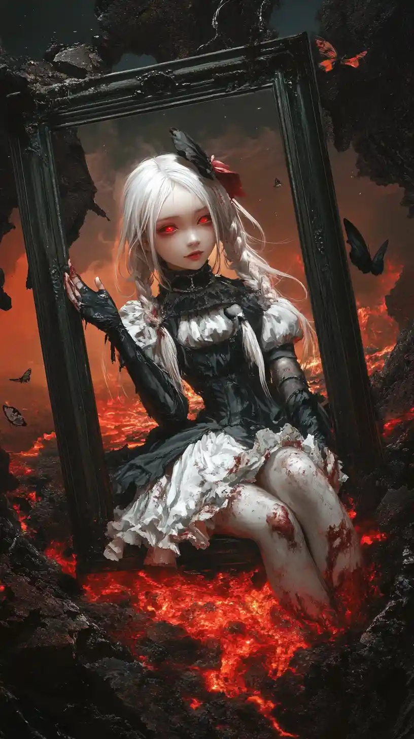 Anime girl lying in lava under a dark red sky