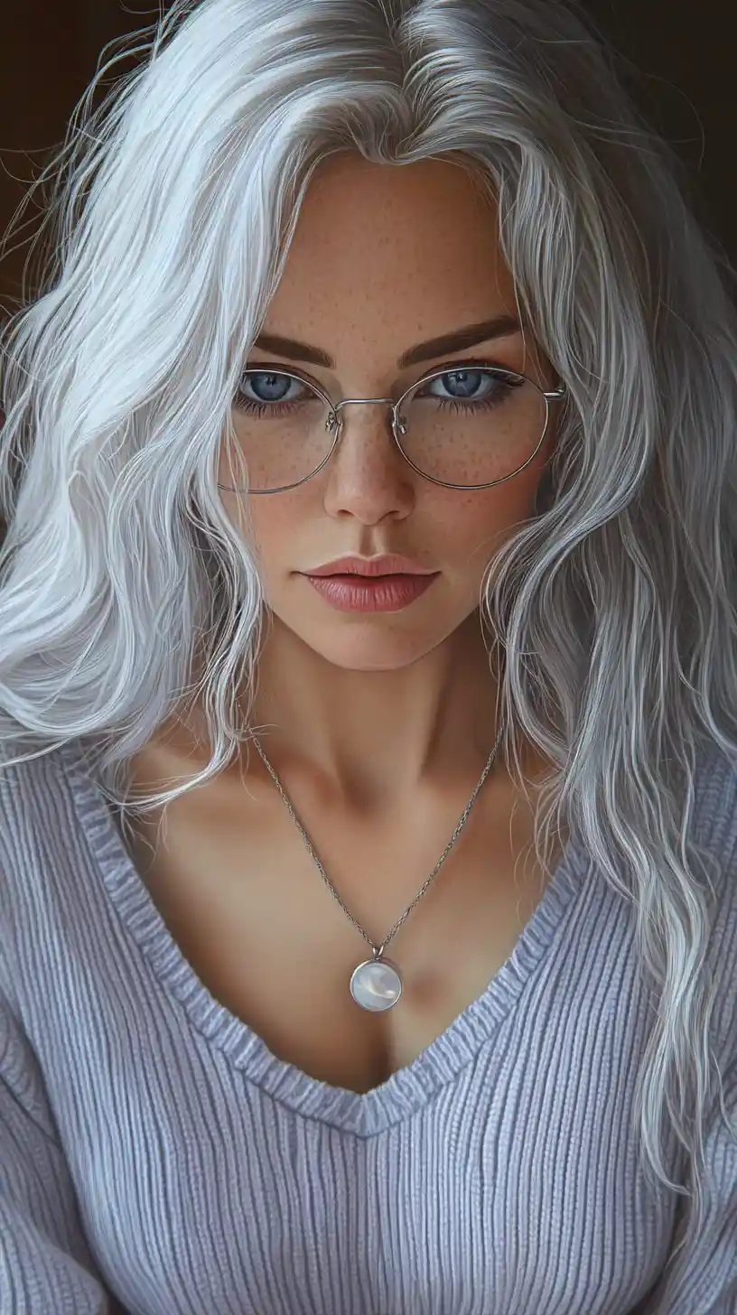Elegant close up portrait of a woman with silver hair