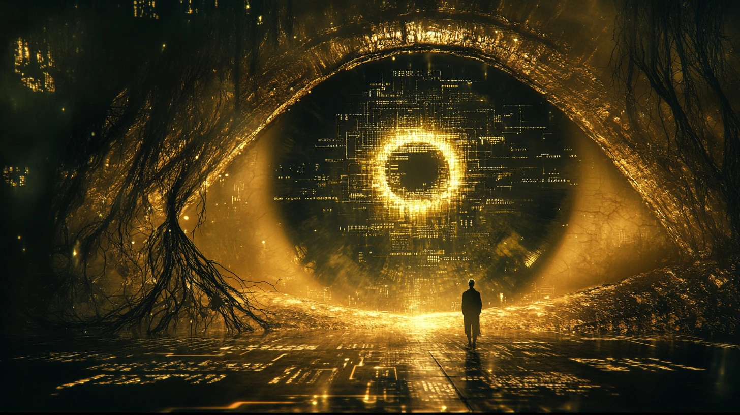 Architectural eye towering over a lone figure in hall