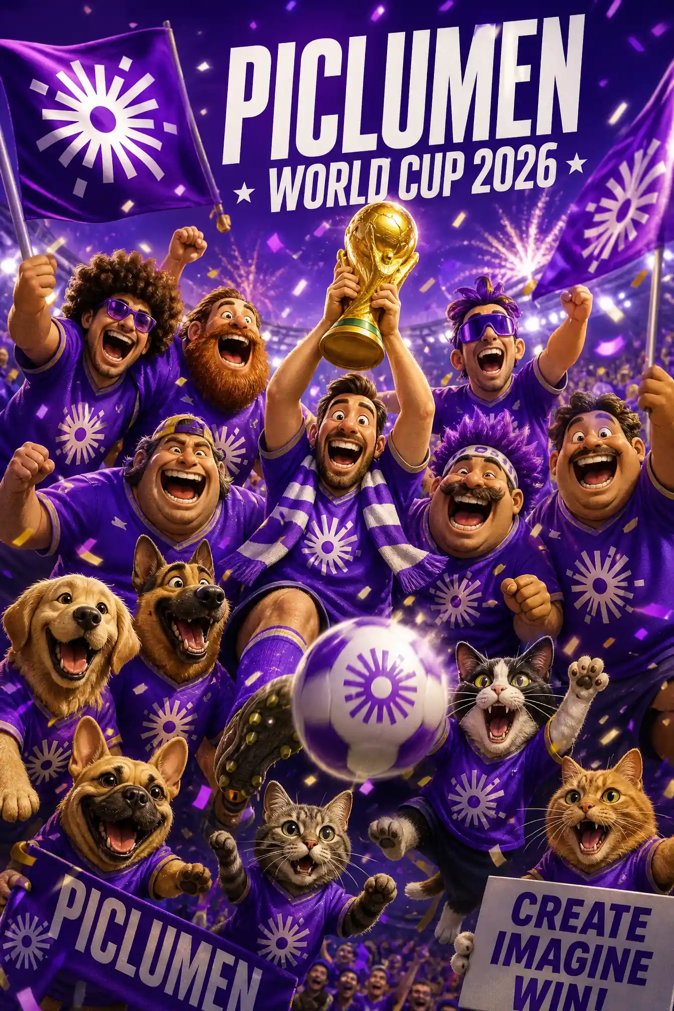Tifosi di calcio divertenti e animali domestici che festeggiano allo stadio – poster