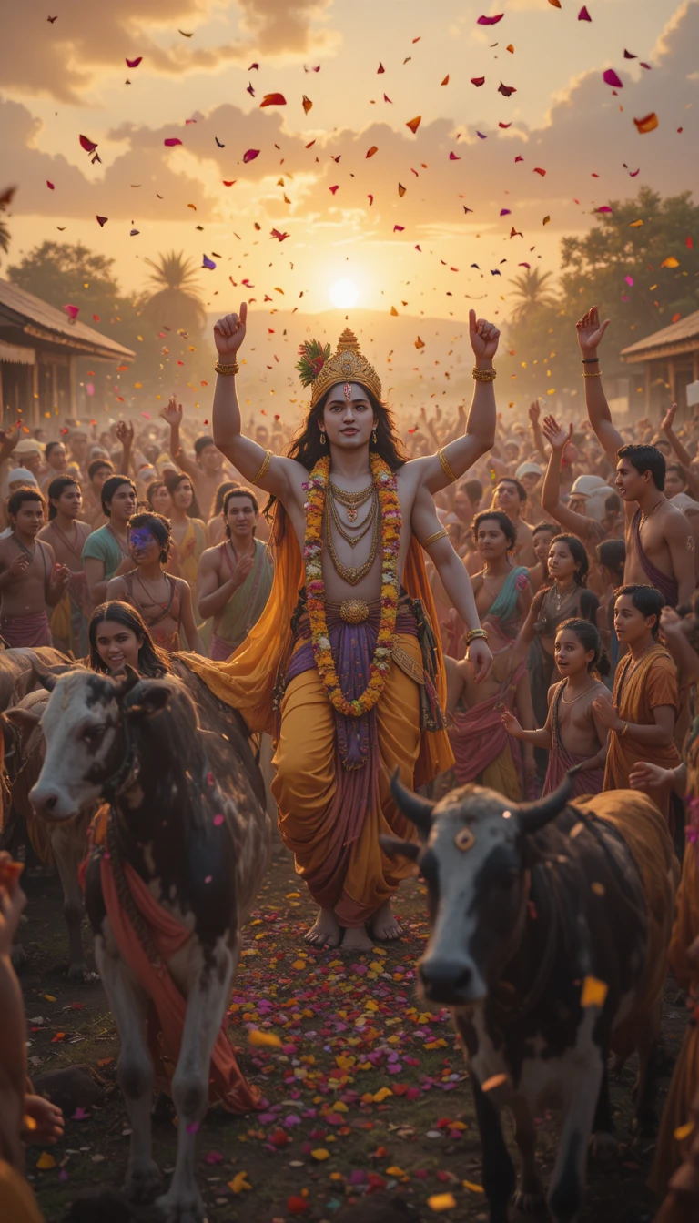 Joyful village crowd celebrating the glory of Krishna
