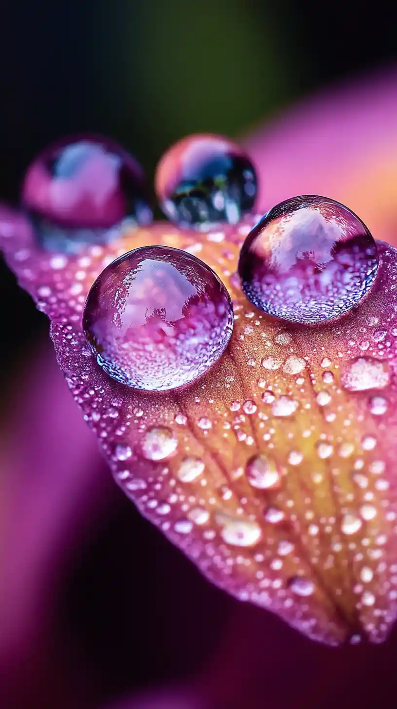 Crystal droplets on velvet flower petals in macro view