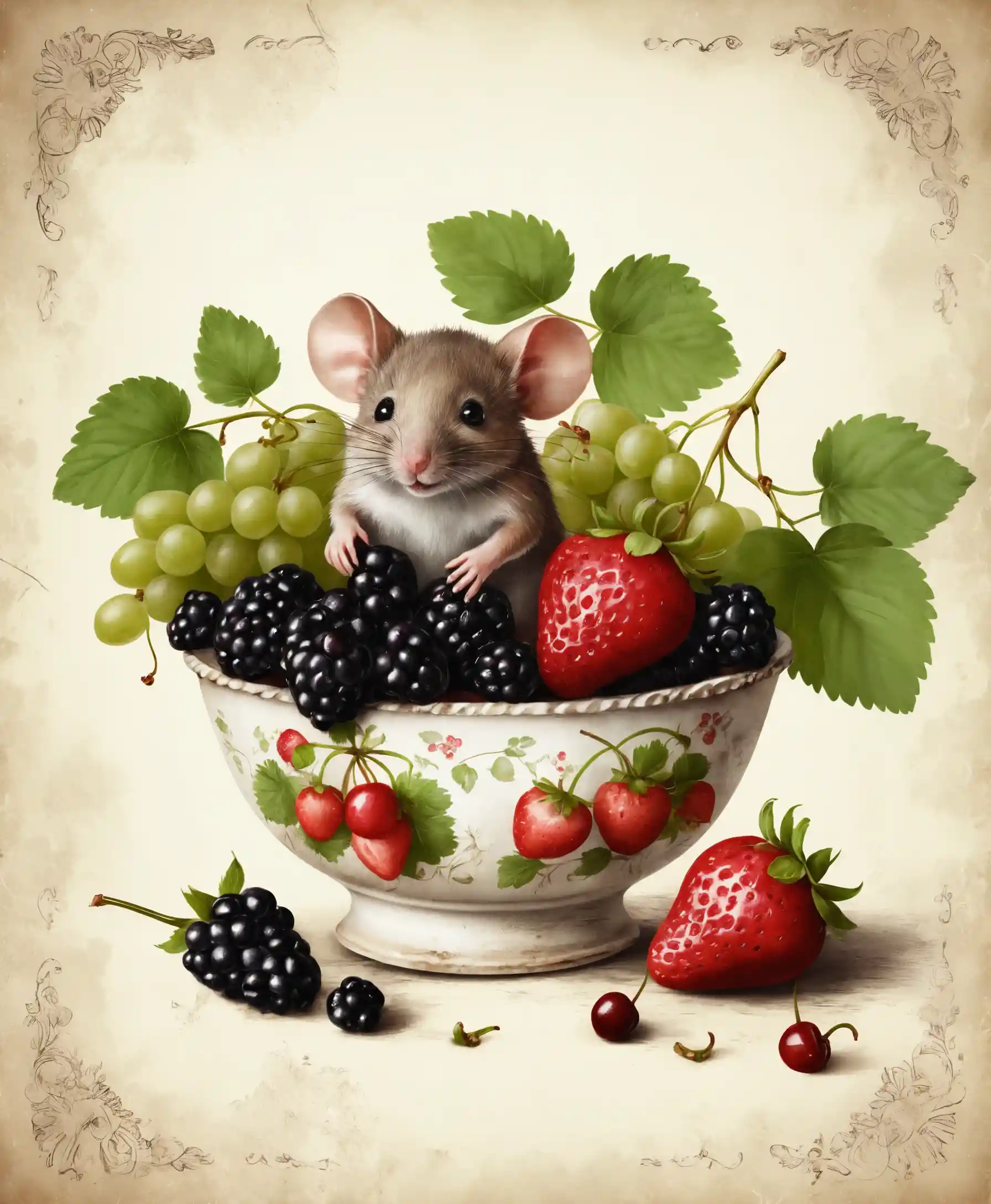Vintage fruit bowl with mouse in a rustic still life