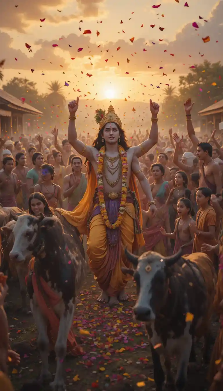 Joyful village crowd celebrating the glory of Krishna