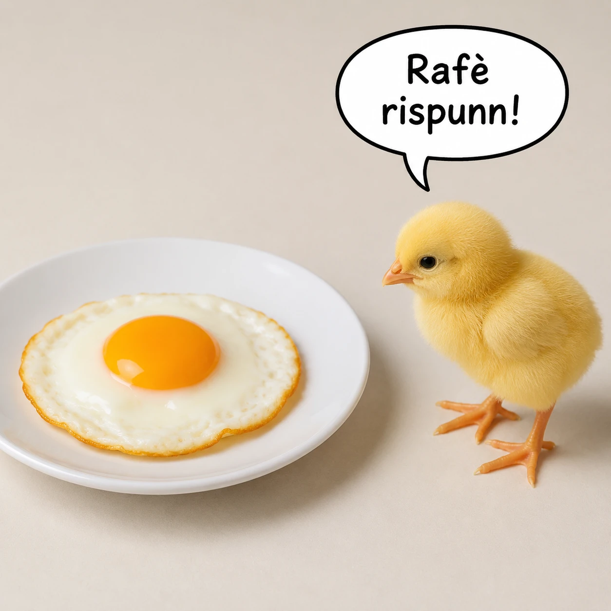 Cute yellow chick looking at a fried egg on plate