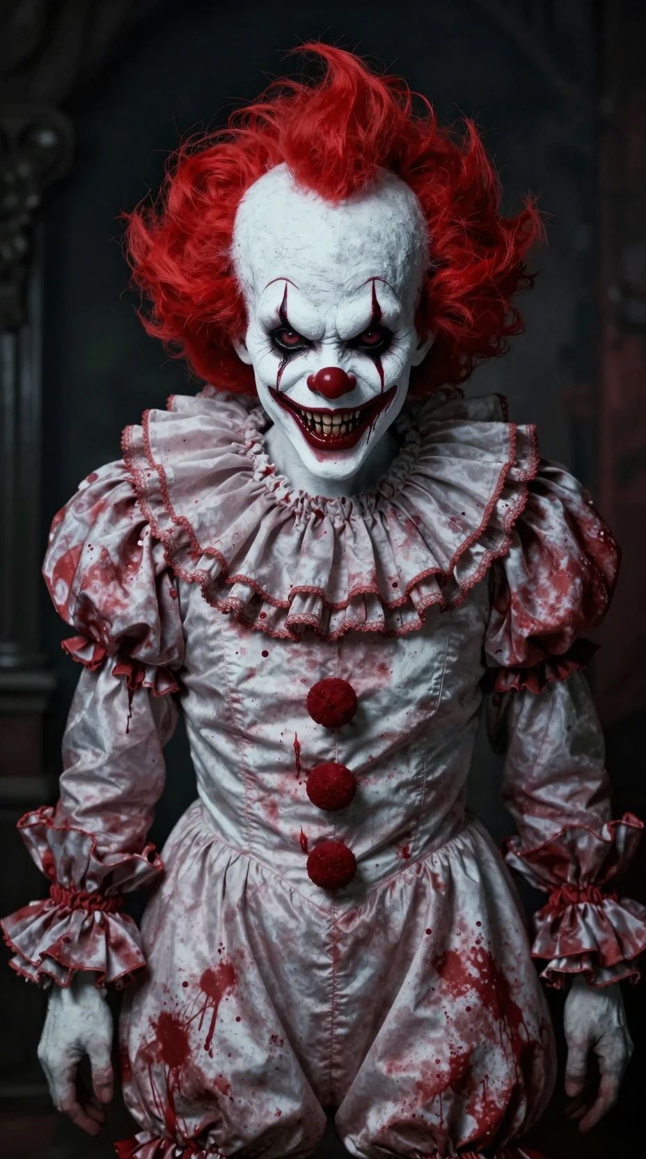 Sinister white clown with red eyes and wild spiky hair