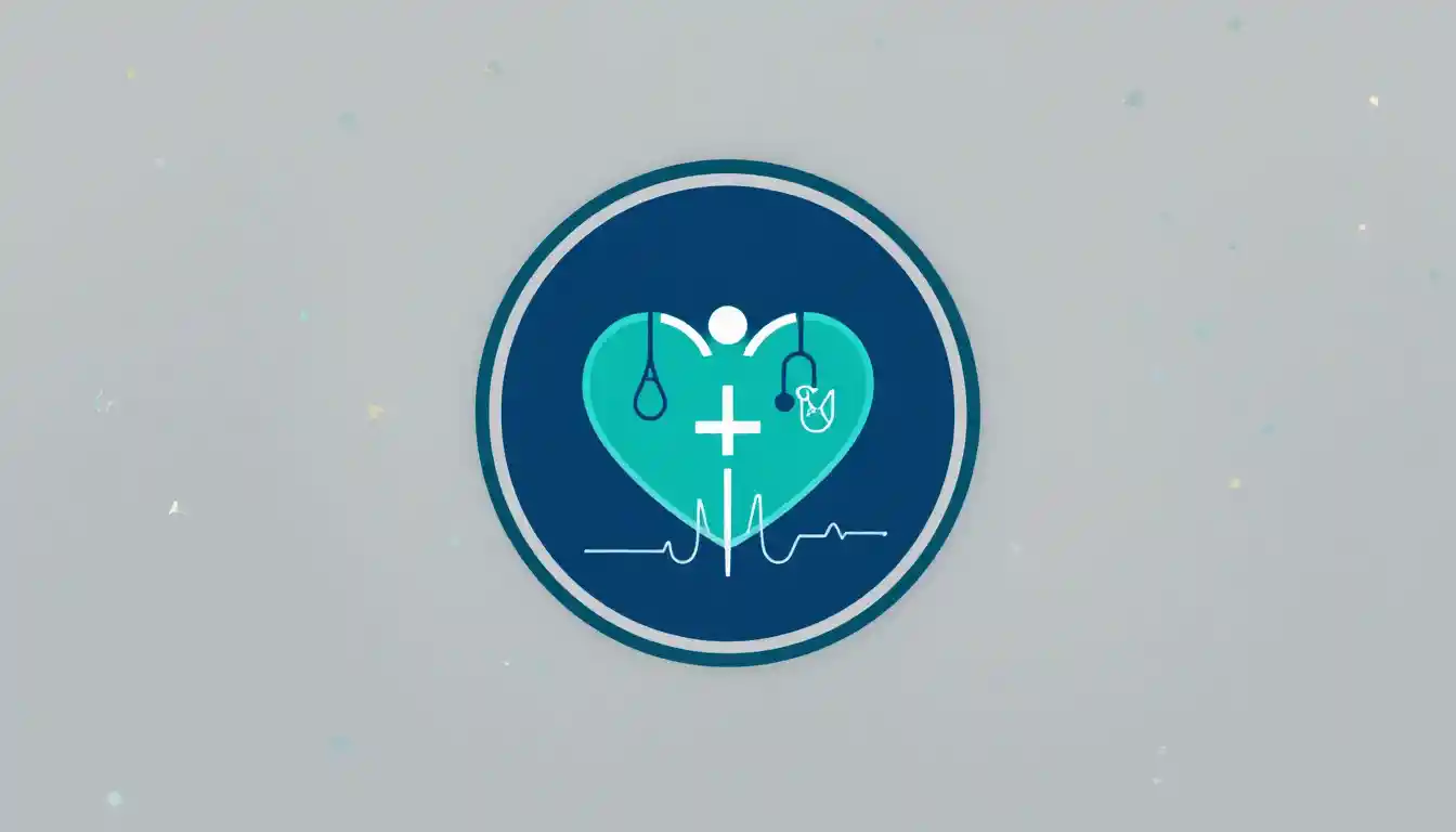 Minimalist medical logo with human figure and stethoscope heart