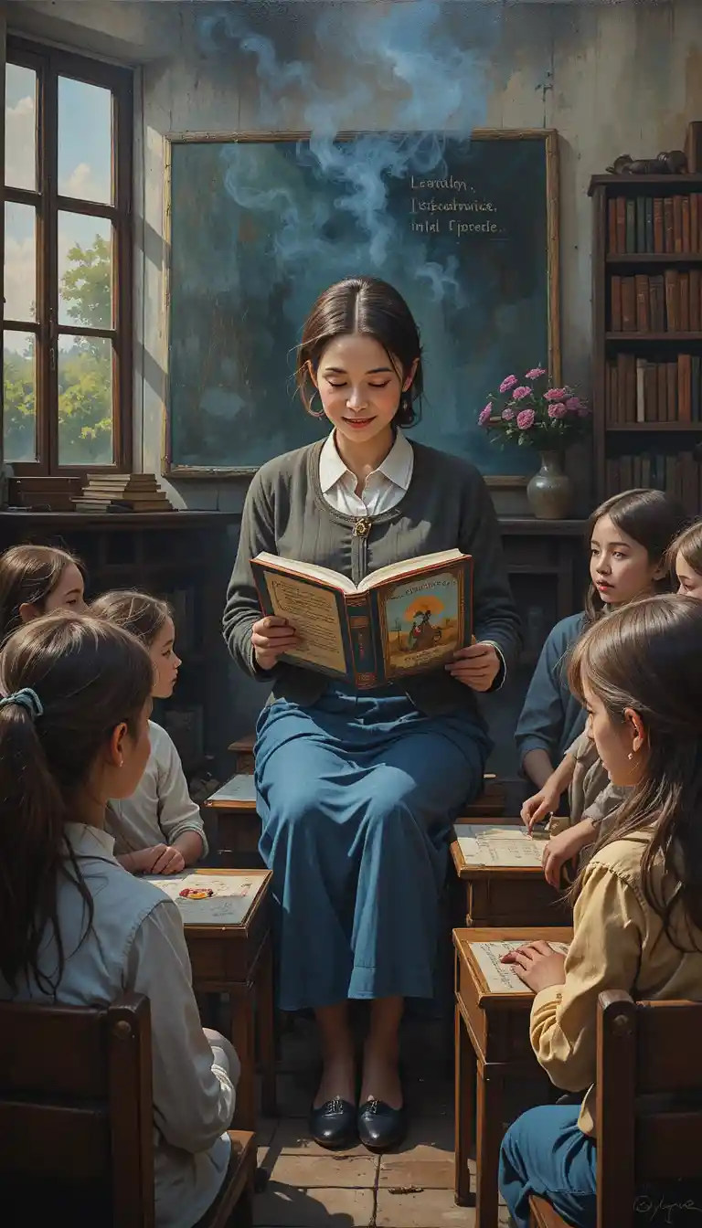 Teacher reading to children in a warm rustic classroom
