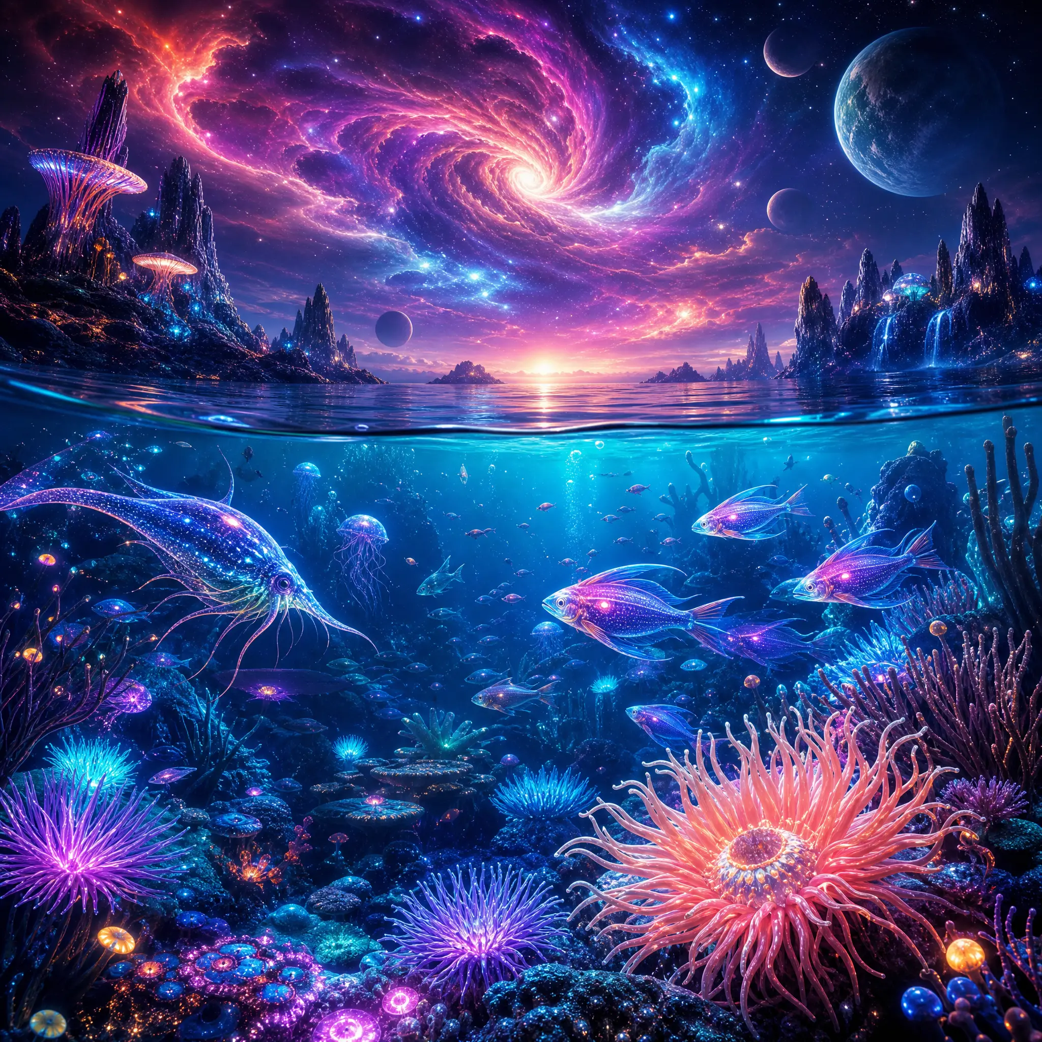 Bioluminescent Coral Reef With Alien Fish Under A Cosmic Sky