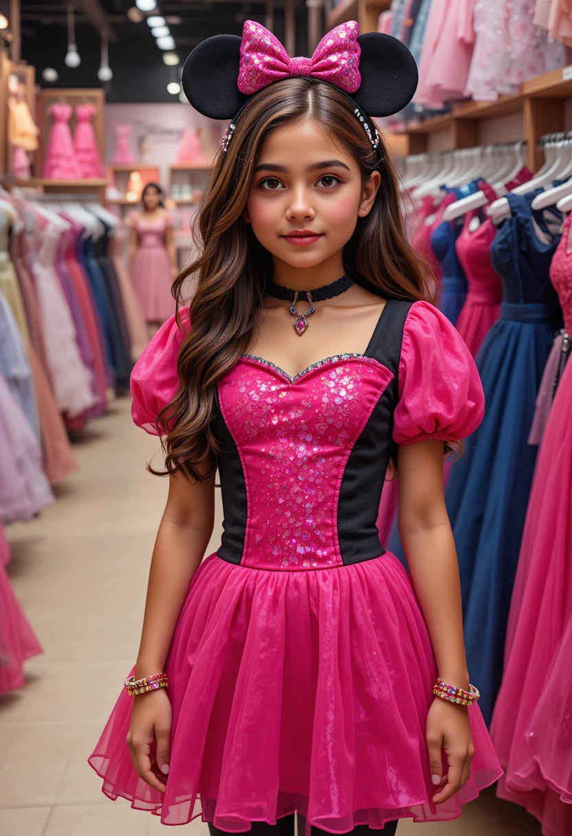 Young girl in pink Minnie dress at Disney shop